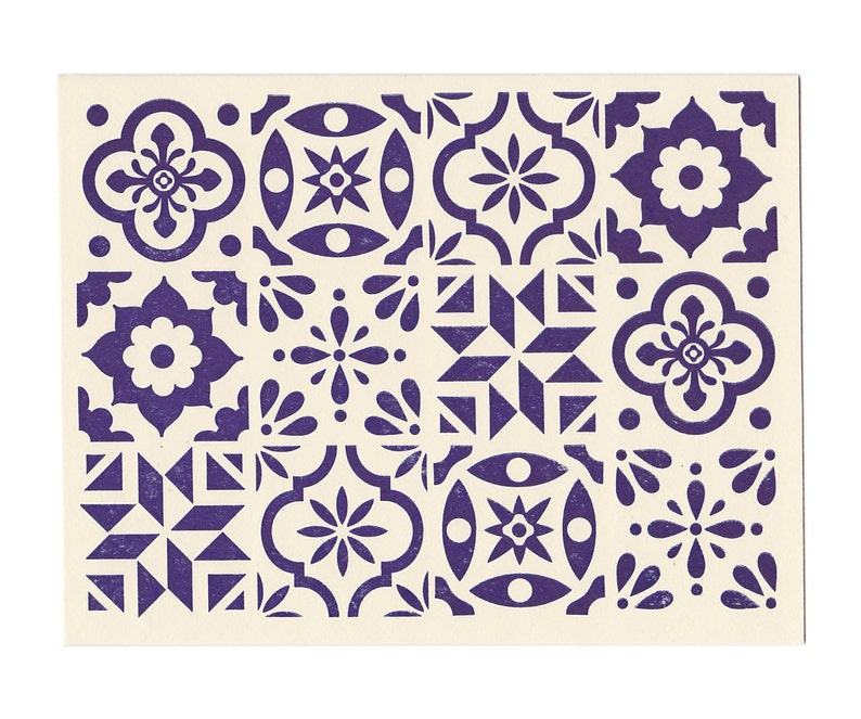 Blue Spanish Tile note card made in Maine pattern blue and white blank inside Spain geometry azulejos letterpress greeting card