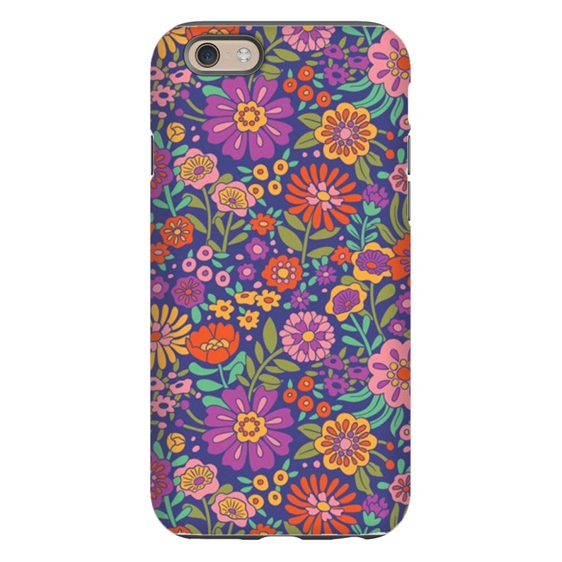 May include: A phone case with a retro floral pattern. The design features a variety of colorful flowers on a dark blue background.