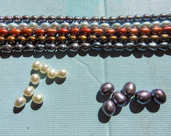 Freshwater pearl beads rice pearls assorted size color jewelry making bead design craft bead 16" strand violet white peacock cinnamon
