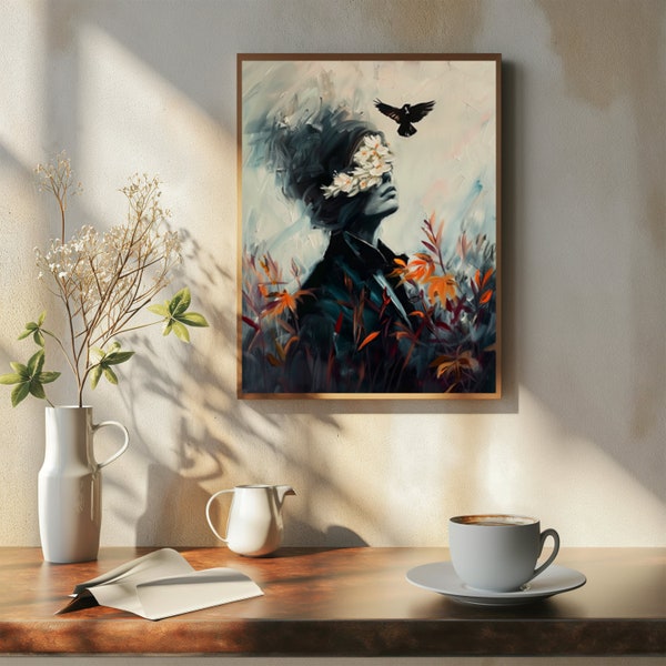 Artistic Painting, Vintage Study Room Wall Art, Oil Paints, Original Digitalart Download, Female Portrait Oil Painting, Woman,Bird,N0007