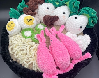 Crocheted Shrimp Ramen Bowl Plush - Handmade Food Toy