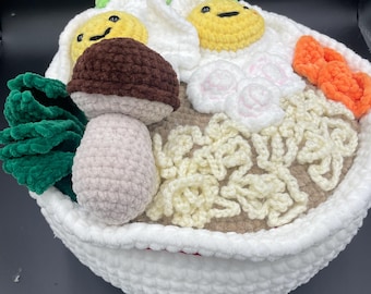 Crocheted Ramen Bowl with Happy Eggs, Play Food Plush