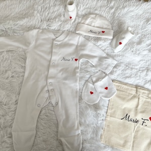 Tenue de Naissance personnalisée // Pyjama Personnalisé // Coffret naissance Bébé 5 pièces // Set Complet Maternité // Tenue Mixte image 8