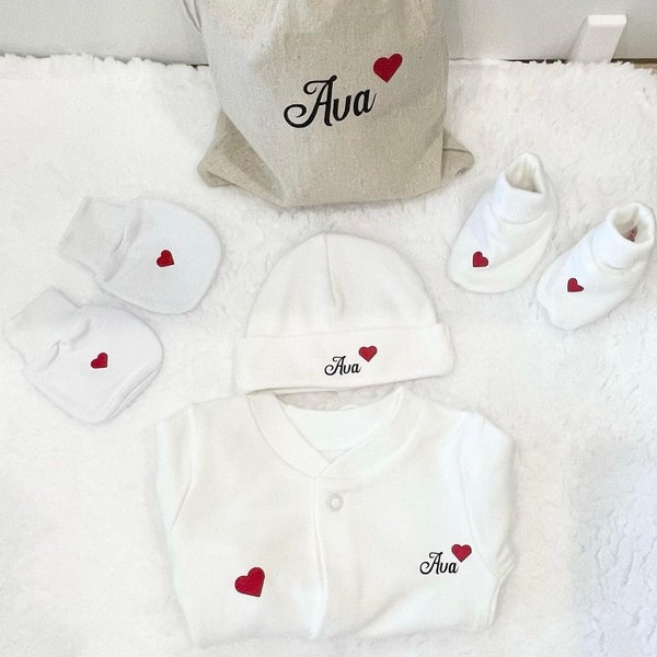 Tenue de Naissance personnalisée // Pyjama Personnalisé // Coffret naissance Bébé 5 pièces // Set Complet Maternité // Tenue Mixte