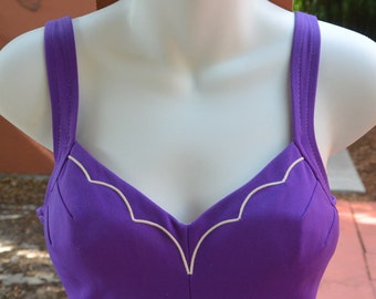 Vintage 1960's Skirted Bathing Suit by Rose Marie Reid - Purple with White Piping