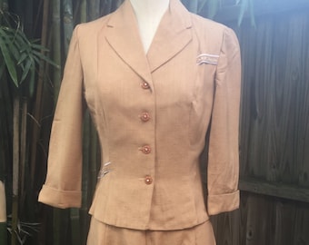 Gorgeous Vintage Linen Hand Tailored Suit with Rhinestones - Jacket and Skirt