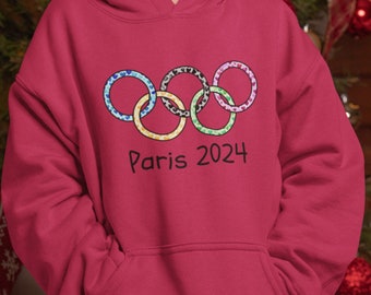 Girls' Olympic Hearts Design Hoodie, Paris 2024, Cute Gift for Girls, Hooded Sweatshirt for Kids aged 3-11, 8 Colours