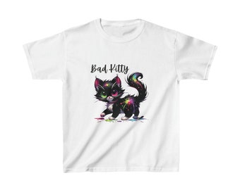 Girls Cute Bad Kitty Kids Heavy Cotton T-Shirt | Sizes XS - XL | 9 Colours Available