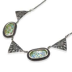silver necklace with roman glass, roman glass necklace, roman glass, made in Israel, Ancient jewelry