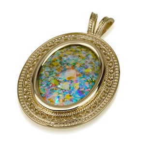 14k gold pendant with roman glass, roman glass, made in Israel, Ancient jewelry