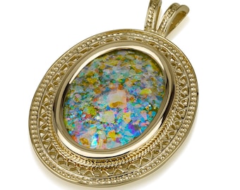 Colgante de cristal romano de oro de 14 quilates, estilo yemení antiguo, fabricado en Israel.