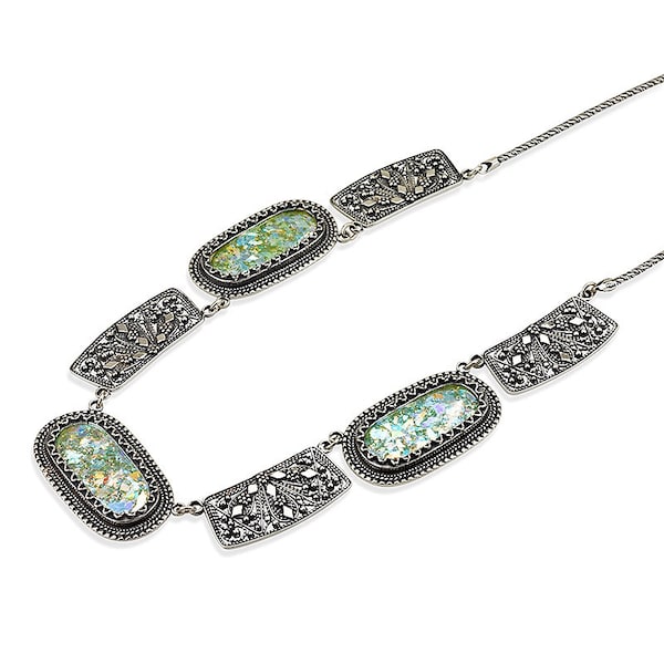 silver necklace with roman glass, roman glass necklace, made in Israel, Ancient jewelry, Hand made necklace