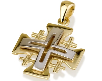 May include: A gold and silver two-toned cross pendant with a detailed design. The cross is made of two layers, with the top layer being silver and the bottom layer being gold.