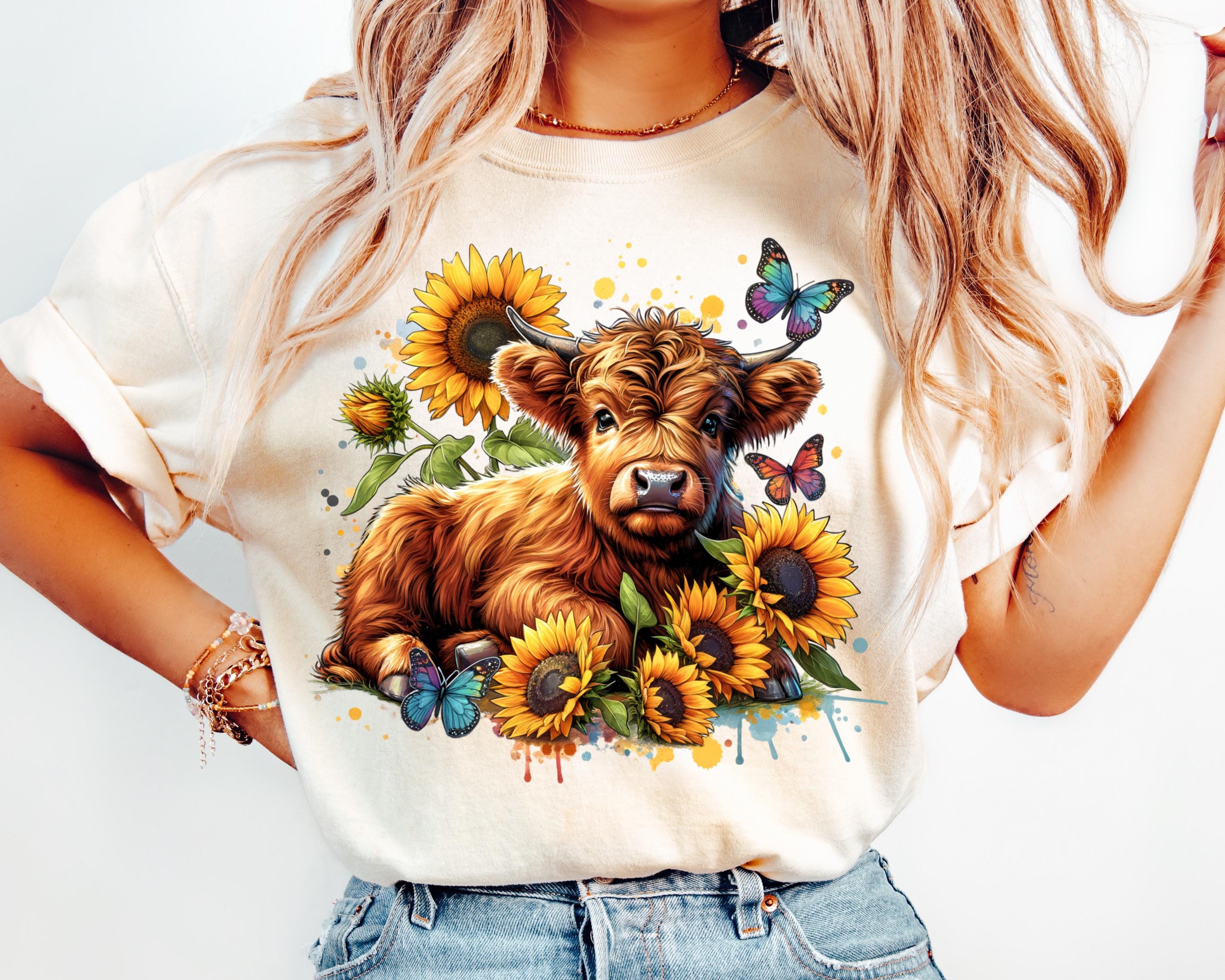 Highland Cow PNG With Sunflowers and Butterflies, Sublimation Design ...