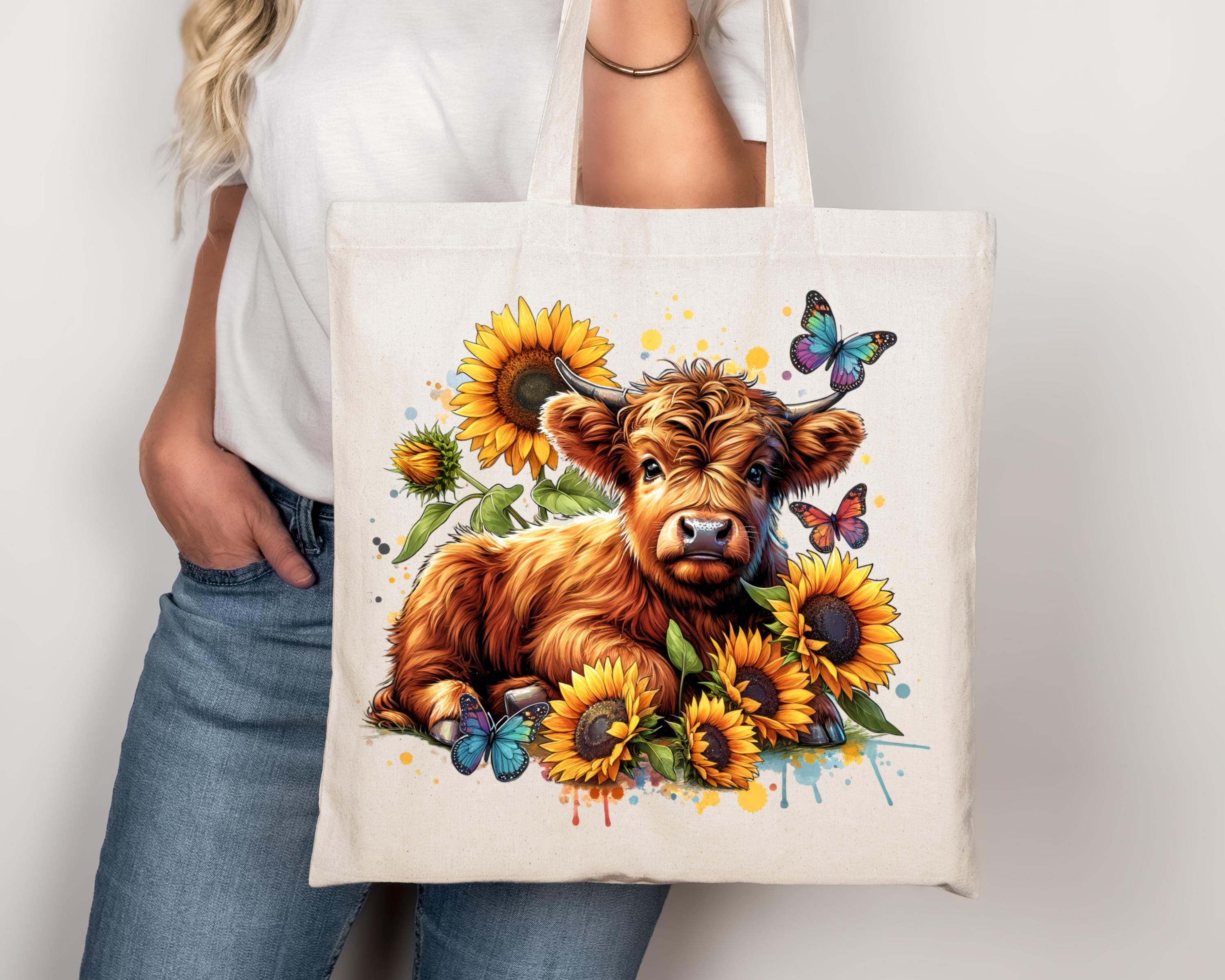 Highland Cow PNG With Sunflowers and Butterflies, Sublimation Design ...