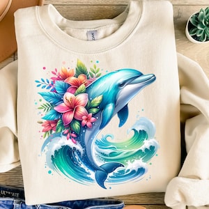 Dolphin Sea Png, Sublimation Design, Tropical Flowers Png, Beach Watercolor Png, Ocean Animal Shirt Design, Clipart Digital Download DTF