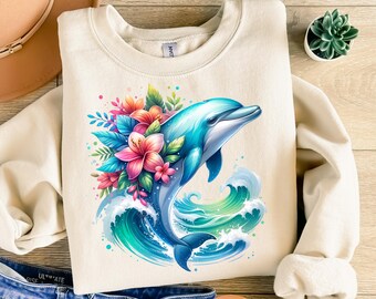 Golfinho no mar PNG, design para sublimação, flores tropicais PNG, aquarela de praia PNG, design de camiseta com animais marinhos, clipart para download digital DTF