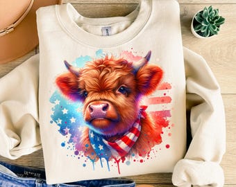 4 juli Highland Cow PNG, fjärde juli sublimeringsdesign, söt gård USA Clipart-fil, skjortdesign, omedelbar nedladdning, kommersiellt bruk