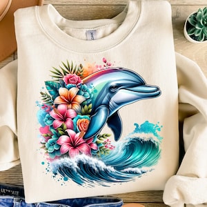 Dolphin Sea Png, Sublimation Design, Tropical Flowers Png, Beach Watercolor Png, Ocean Animal Shirt Design, Clipart Digital Download DTF