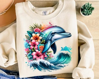Golfinho no mar PNG, design para sublimação, flores tropicais PNG, aquarela de praia PNG, design de camiseta com animais marinhos, clipart para download digital DTF