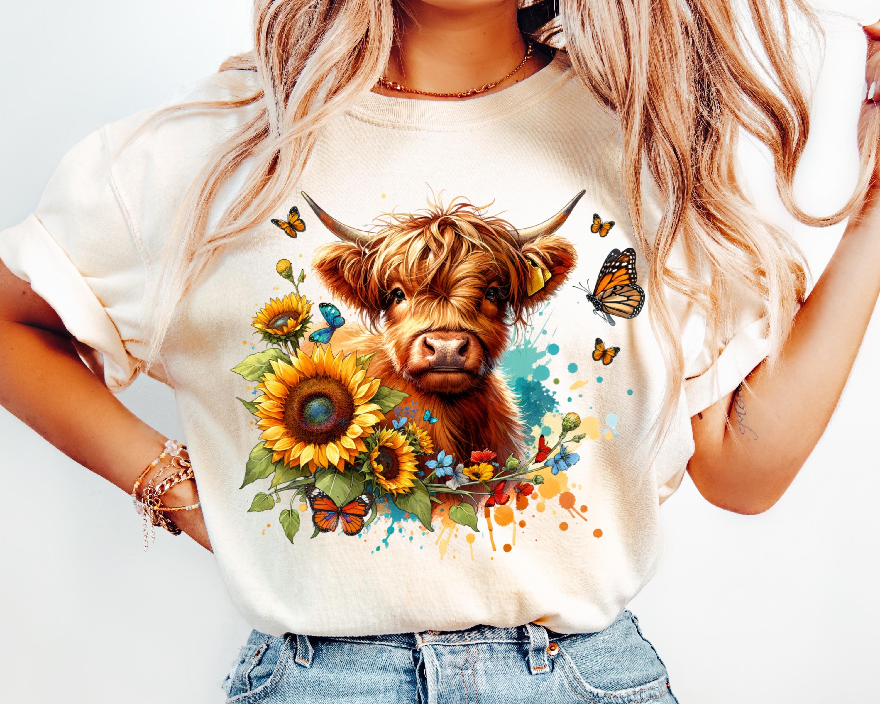 Highland Cow PNG With Sunflowers and Butterflies, Sublimation Design ...