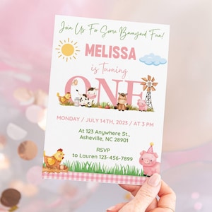 Editable Farm First Birthday Invitation, Girl Barnyard Theme Pink Party, Barn Instant Download Printable Template, Farm Animals 1st Birthday