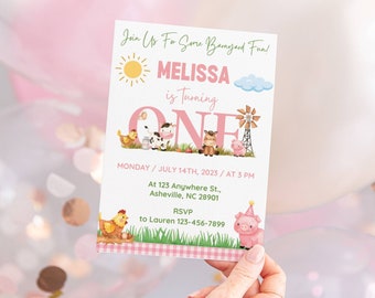 Editable Farm First Birthday Invitation, Girl Barnyard Theme Pink Party, Barn Instant Download Printable Template, Farm Animals 1st Birthday