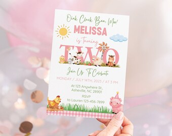 Editable Farm Birthday Invitation, Girl Barnyard Theme Pink Party, Barn Instant Download Printable Template, Farm Animals, Second birthday
