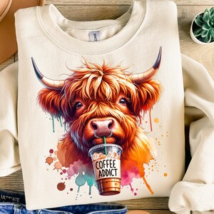 Coffee Addict Highland Cow PNG, Coffee Sublimation Design, Funny Farm Clipart File, Shirt Design, Instant Download, Commercial Use