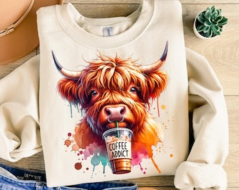 Coffee Addict Highland Cow PNG, Coffee Sublimation Design, Funny Farm Clipart File, Shirt Design, Instant Download, Commercial Use