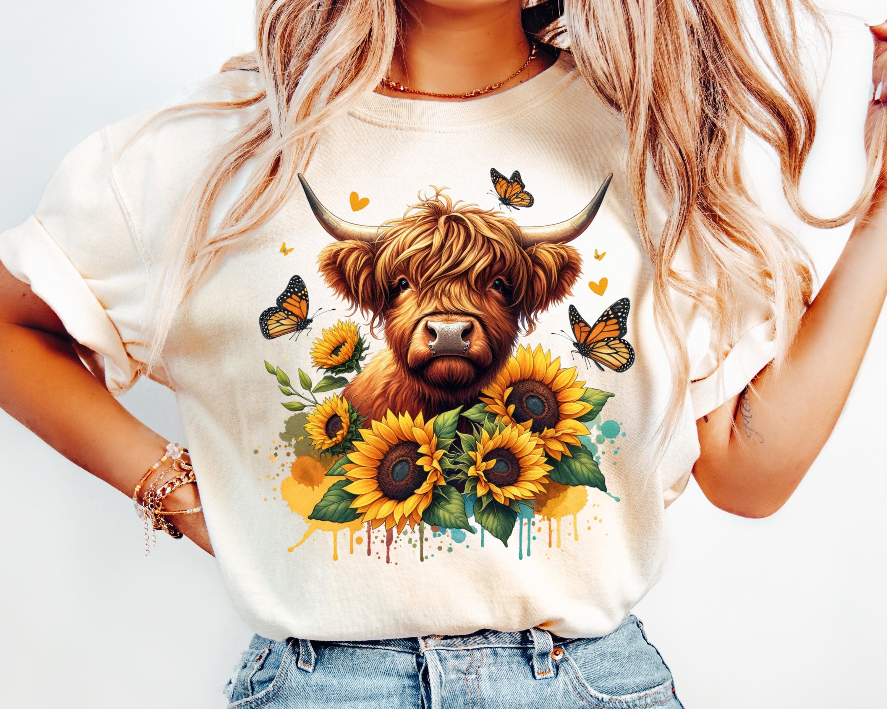 Highland Cow PNG With Sunflowers and Butterflies, Sublimation Design ...