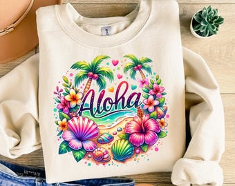 Aloha PNG, Summer T-shirt Png, Sublimation Design, Beach Life Graphic File, Trendy Hawaii Vacation, Tropical Flowers, Digital Download DTF