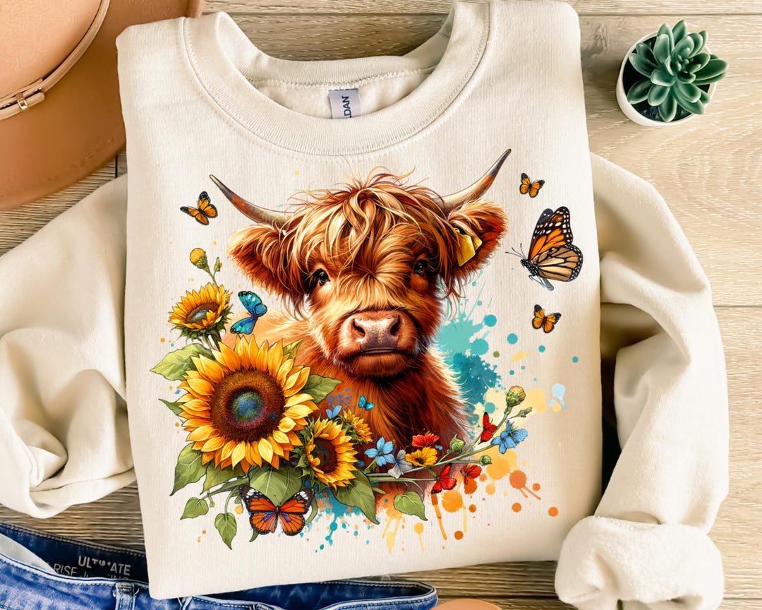 Highland Cow PNG With Sunflowers and Butterflies, Sublimation Design ...
