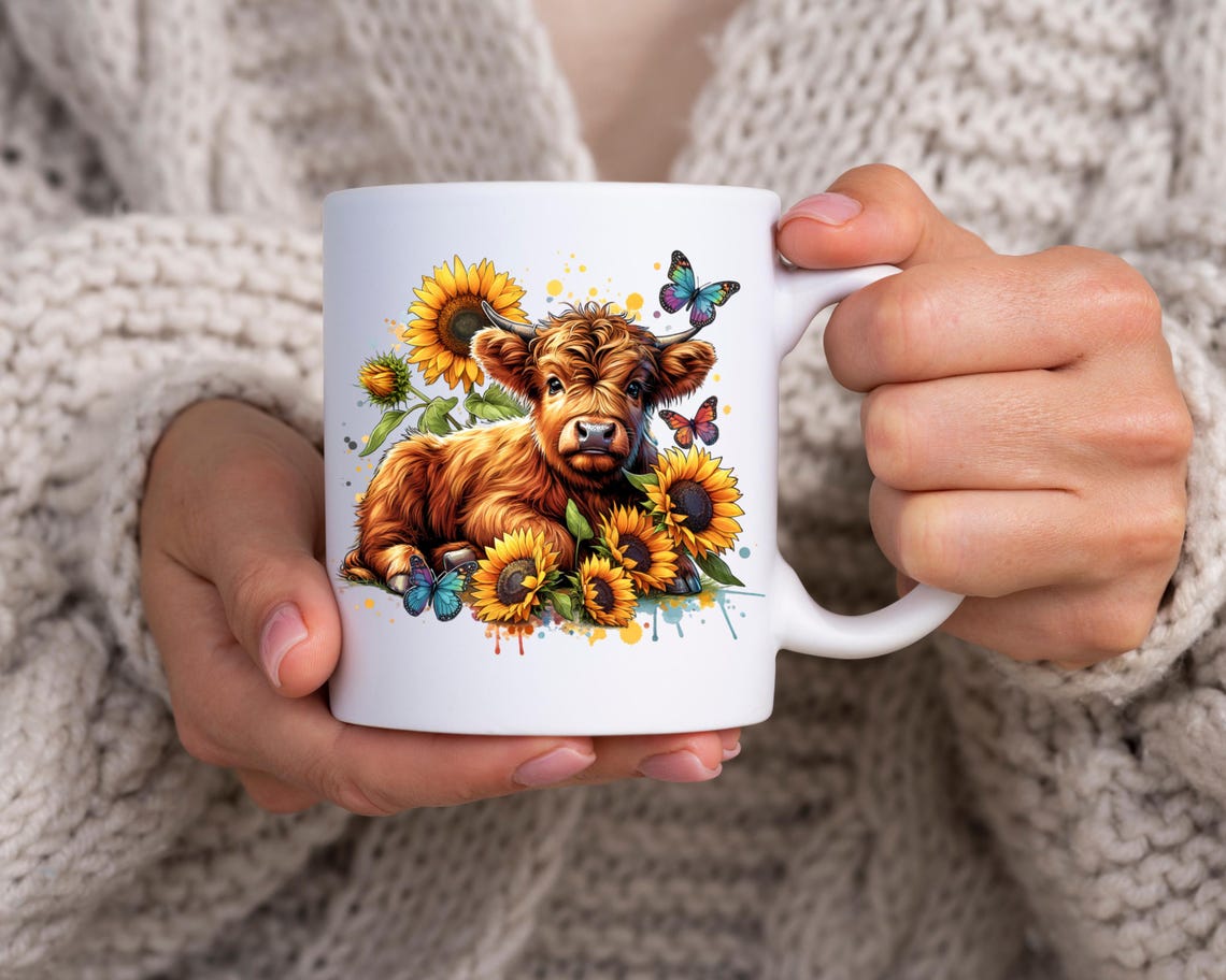 Highland Cow PNG With Sunflowers and Butterflies, Sublimation Design ...