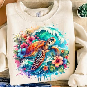 Sea Turtle Png, Sublimation Design, Tropical Flowers Png, Beach Watercolor Png, Ocean Animal Shirt Design, Clipart Digital Download DTF