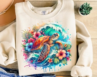 Sea Turtle Png, Sublimation Design, Tropical Flowers Png, Beach Watercolor Png, Ocean Animal Shirt Design, Clipart Digital Download DTF