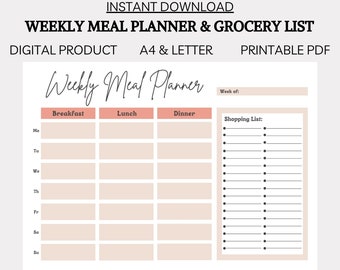 Weekly Meal Planner with Grocery List Printable, Meal Tracker, Food Prep Journal, Diet, Health Fitness, Menu Plan Digital Download Pink