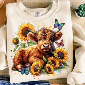 Highland Cow PNG With Sunflowers and Butterflies, Sublimation Design ...