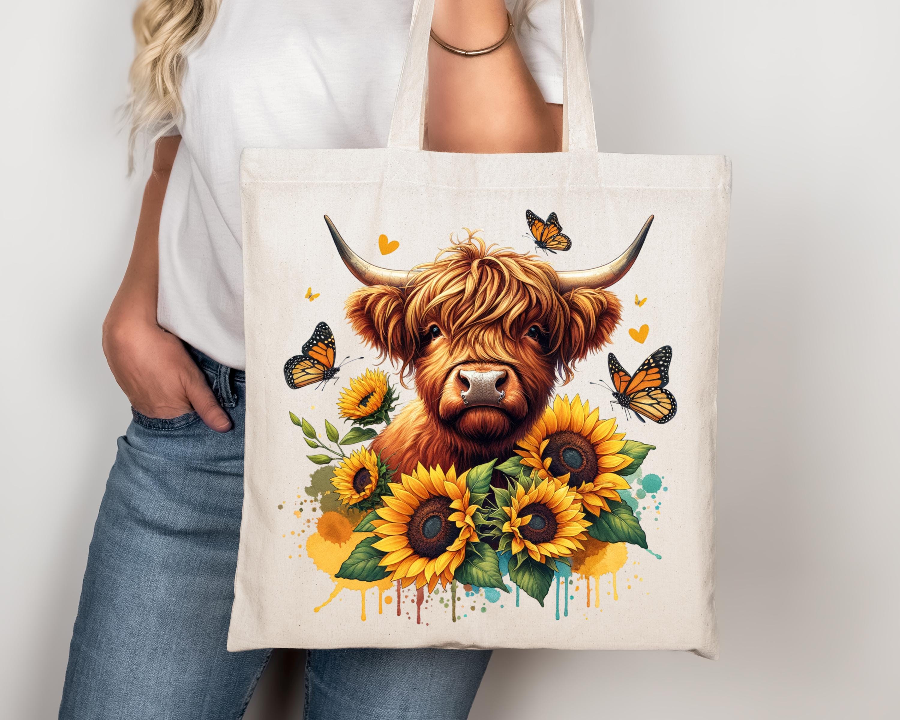 Highland Cow PNG With Sunflowers and Butterflies, Sublimation Design ...