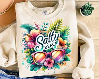 Salty Beach Png, Sublimation Design, Tropical Flowers Png, Salty Summer, Retro Beach Png, Trendy Vacation Shirt Design, Digital Download DTF