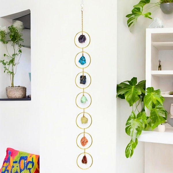7-Chakra Crystal Hanging Set, Natural Raw Stone Suncatcher, Handmade Boho Home Decor, Amethyst Sun Catcher, Quartz Healing Crystal