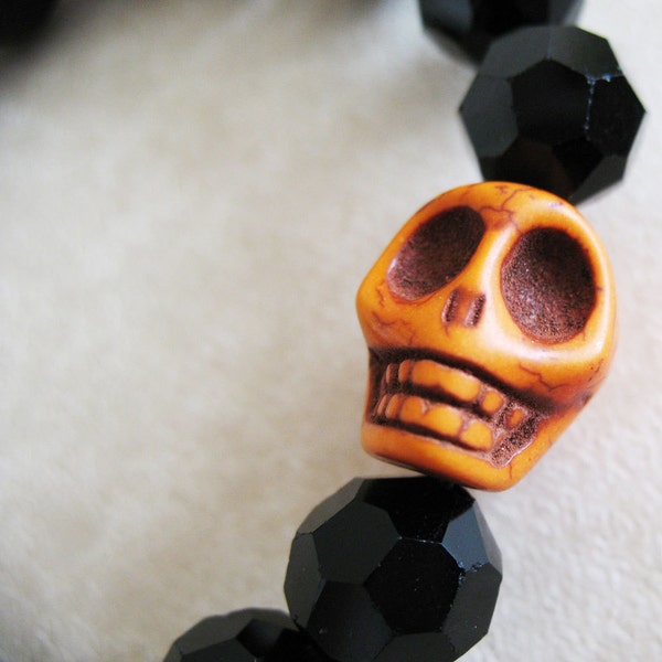 Black and Orange Skull Bead Bracelet - Happy Halloween