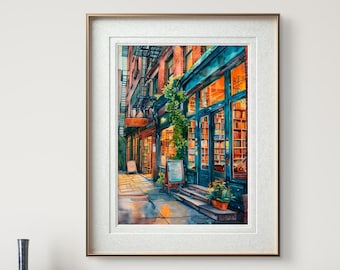 Bookstore Watercolor Print, Rainy City Street Wall Art, Urban Bookshop Painting, Warm Evening Cafe Decor, Moody Paris Aesthetic