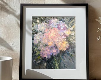 Stampa di ortensie pastello, decorazione floreale da parete, arredamento in stile cottagecore, bouquet di fiori romantico