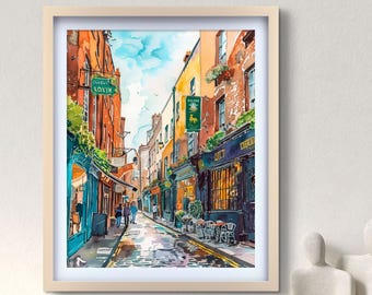 Dublin Pub Street Aquarell Druck, Irish Pub Street, regnerische europäische Stadt Wandkunst, Dublin Alley, Reise Stadtbild Poster