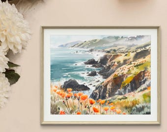 Stampa costiera di Big Sur, paesaggio oceanico della California, dipinto murale ad acquerello di una scogliera, decorazione della costa del Pacifico, arte naturalistica marina.