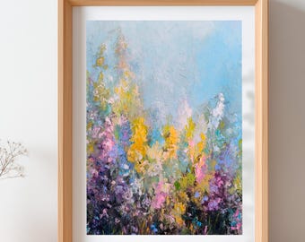 Stampa artistica di un prato fiorito, decorazione murale floreale colorata, dipinto impressionista di un campo di fiori, arredamento cottagecore, arte botanica dai colori pastello