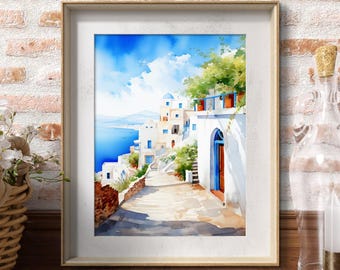Stampa di Santorini, Grecia, decorazione murale costiera mediterranea, acquerello di un'isola greca, arredamento da viaggio blu e bianco, arte estiva a tema marino.
