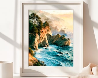 Akwarela z Big Sur w Kalifornii, sztuka ścienna z wybrzeża Pacyfiku, krajobraz klifów nadmorskich, wystrój oceanu, sztuka Półwyspu Monterey