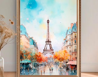 Stampa della Torre Eiffel di Parigi, acquerello di Parigi, paesaggio urbano francese, decorazione romantica da viaggio, dipinto di una strada di Parigi